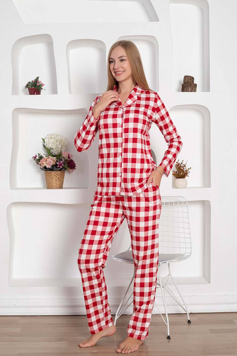 Ekoseli Önden Düğmeli Kadın Pijama Takımı - Kırmızı Uzun Kollu Penye 2793UY