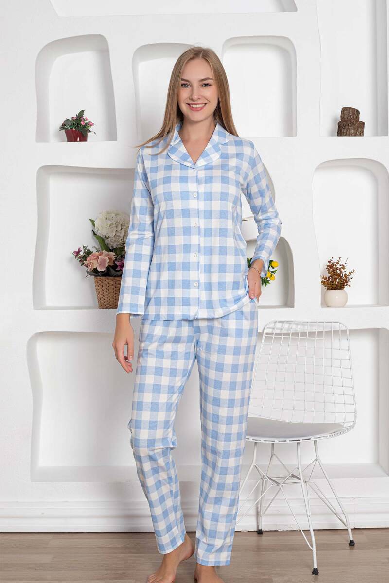 Ekoseli Önden Düğmeli Kadın Pijama Takımı - Mavi Uzun Kollu Penye 2793UY
