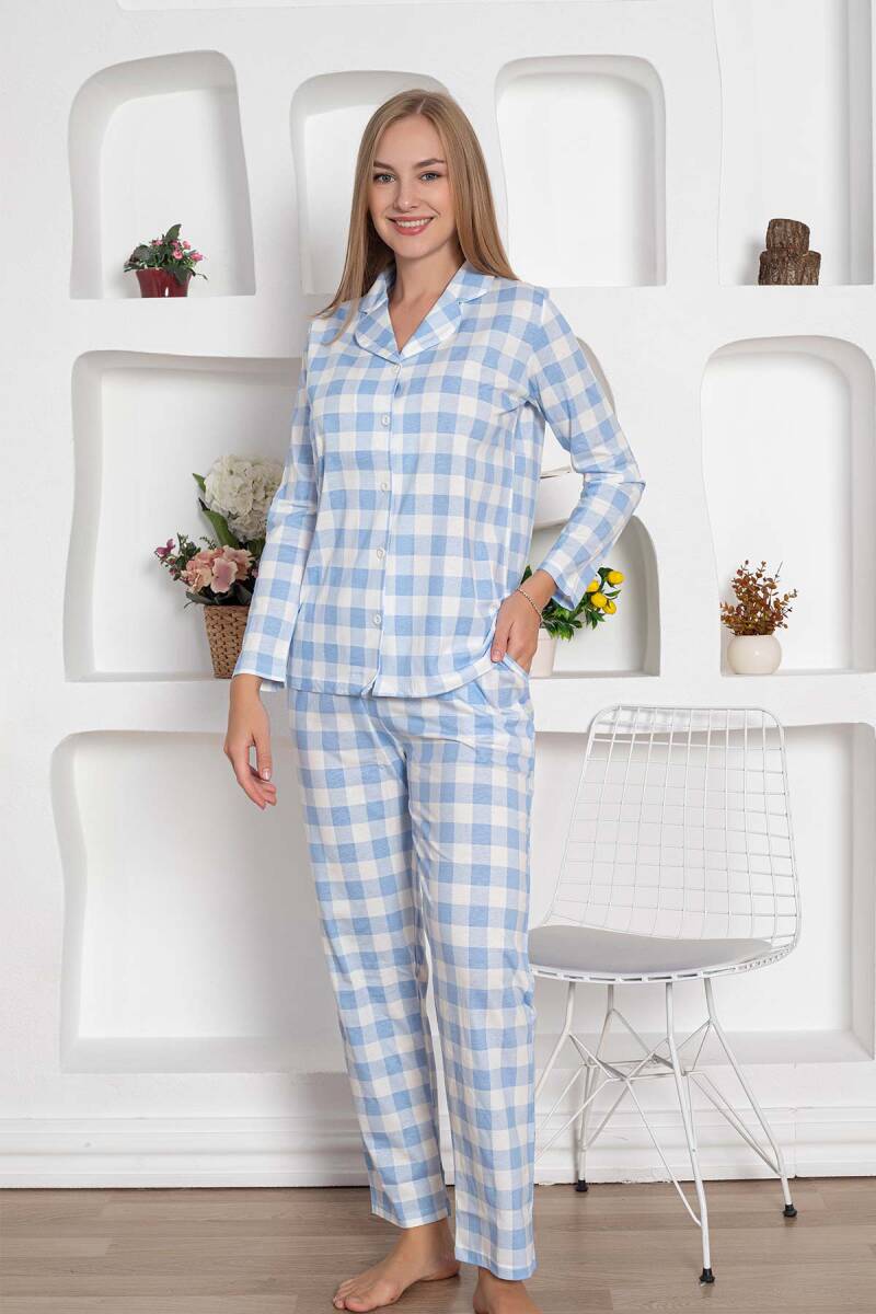 Ekoseli Önden Düğmeli Kadın Pijama Takımı - Mavi Uzun Kollu Penye 2793UY