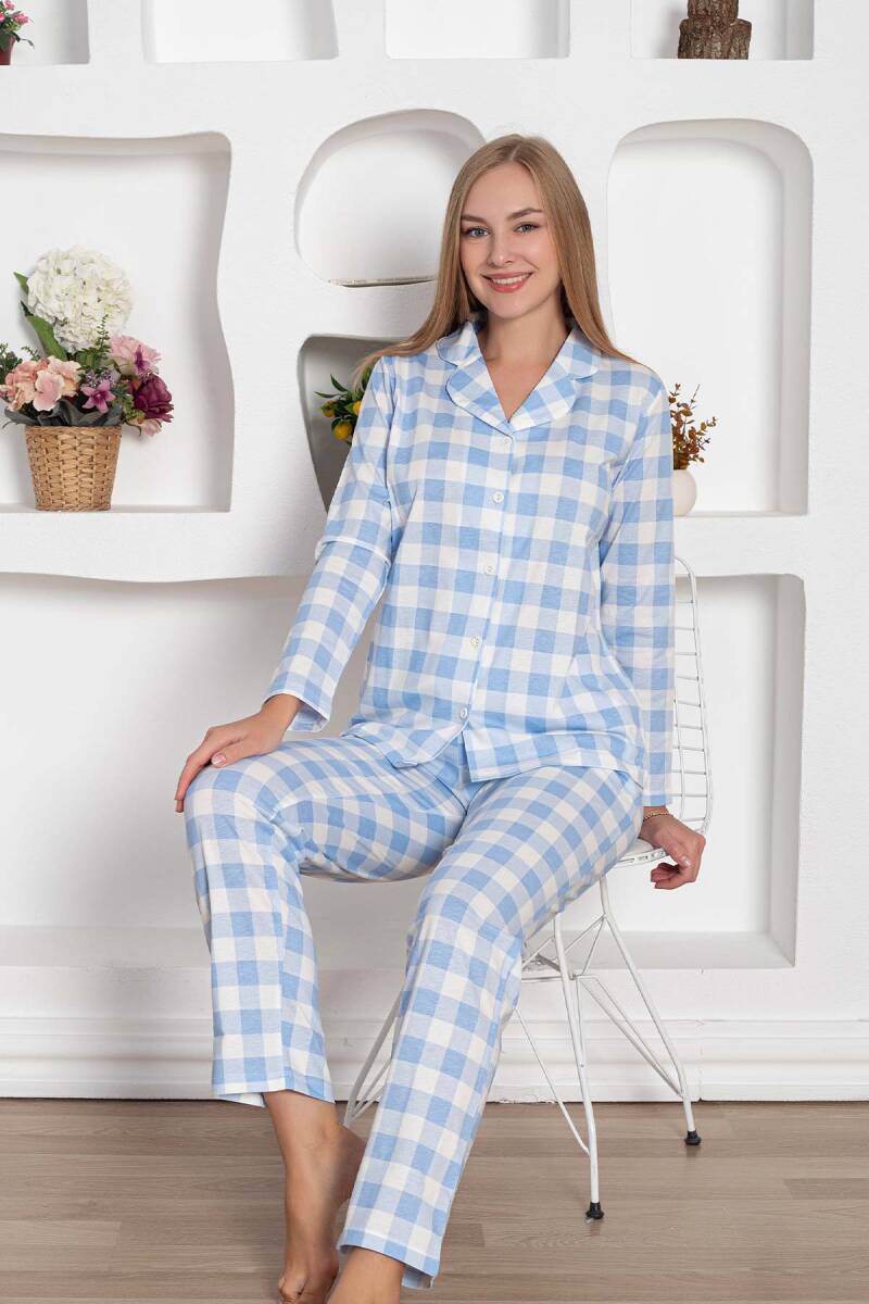 Ekoseli Önden Düğmeli Kadın Pijama Takımı - Mavi Uzun Kollu Penye 2793UY
