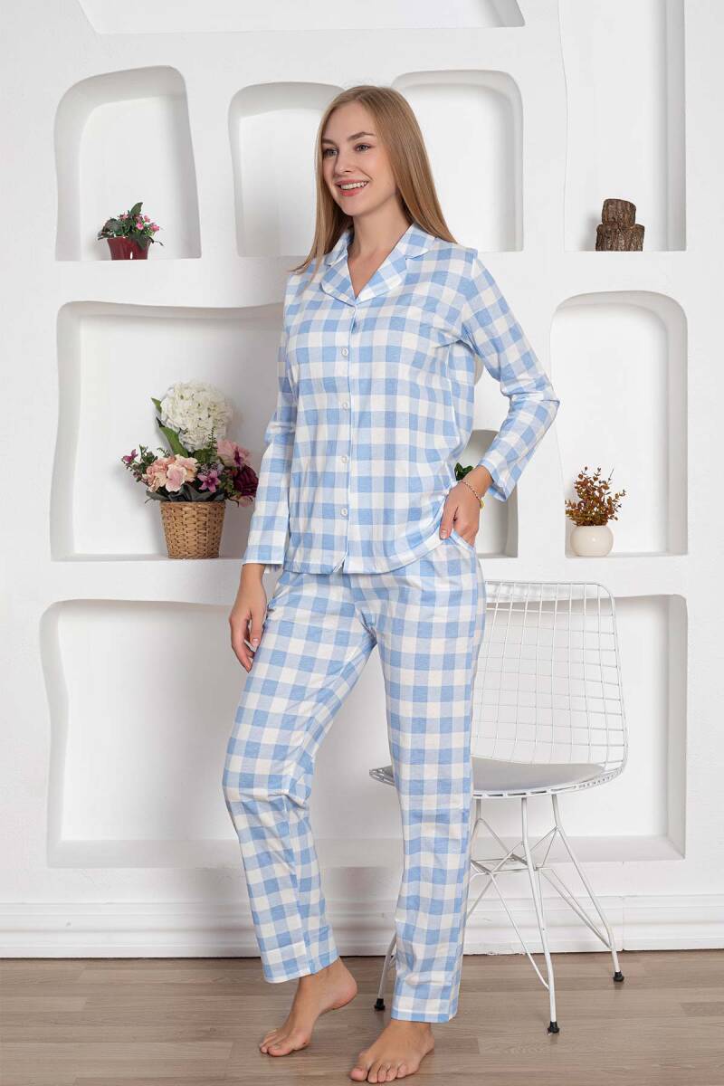 Ekoseli Önden Düğmeli Kadın Pijama Takımı - Mavi Uzun Kollu Penye 2793UY