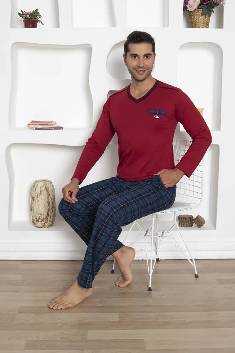 Ekoseli Erkek Pijama Takımı - Uzun Kollu Bordo Penye 1210UY