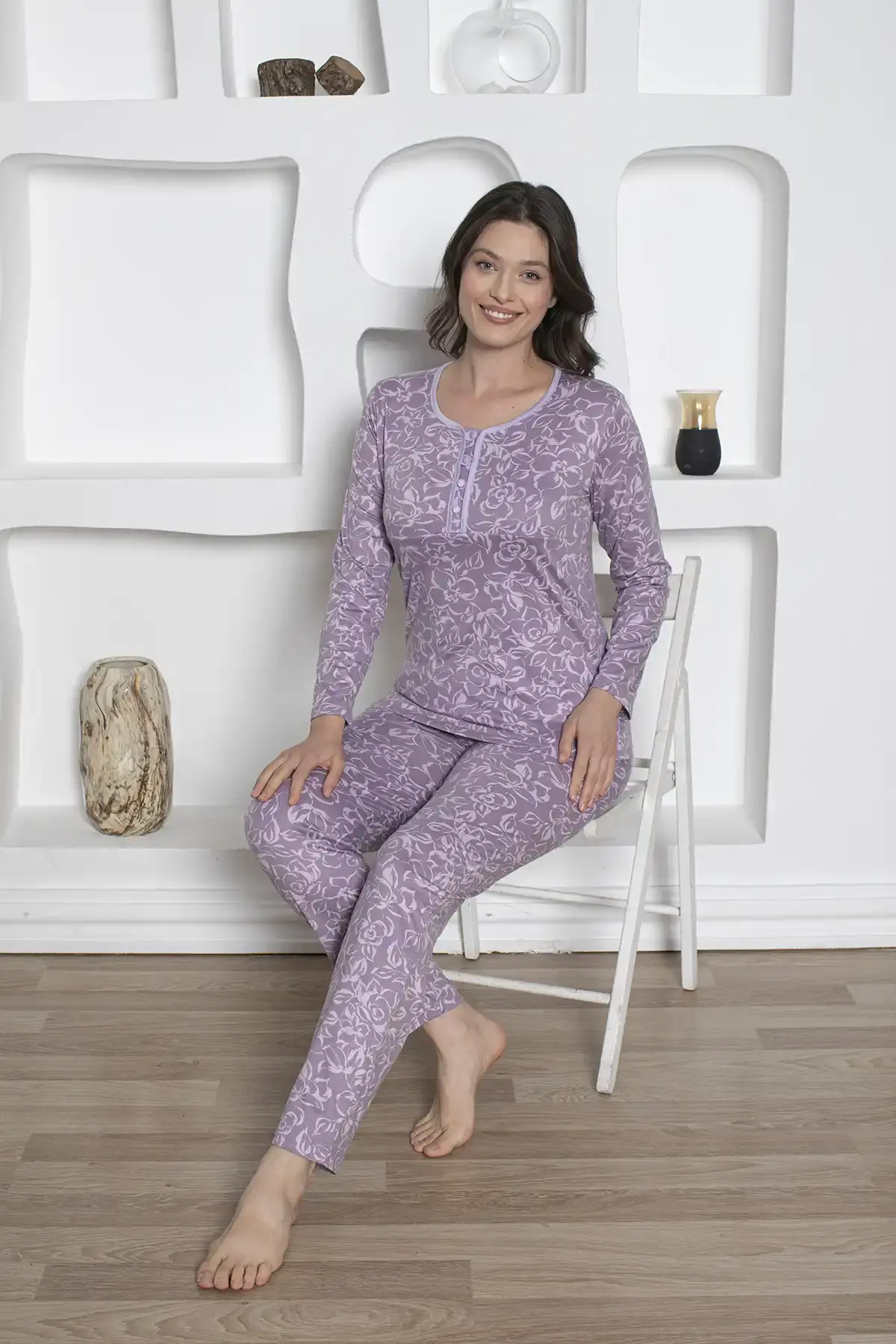 Çiçek Desenli Kadın Pijama Takımı - Likralı Milan Uzun Kollu 2814UKL