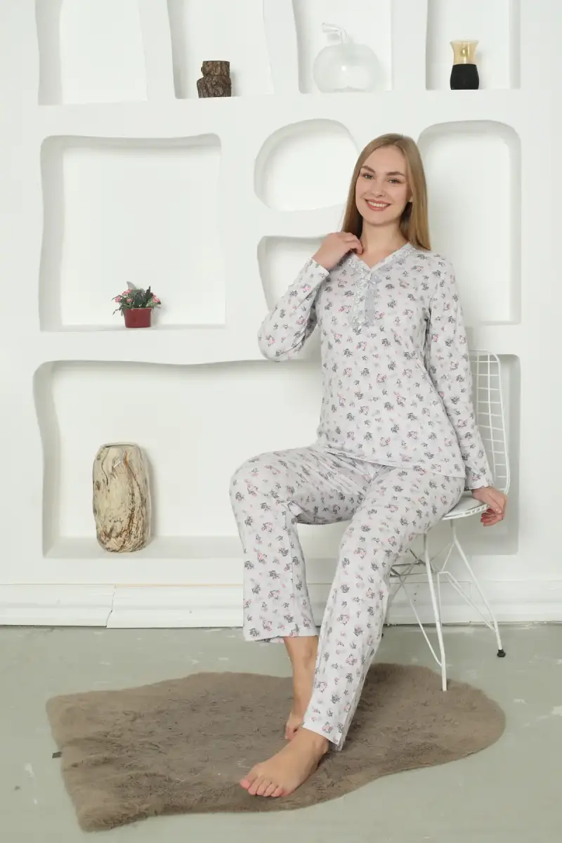 Çiçek Desenli Kadın Pijama Takımı -Dantel Yakalı  Uzun Kollu Penye 2822UK