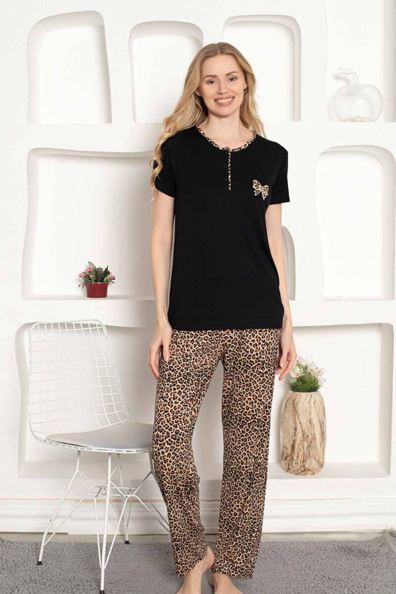 Leopar%20desenli%20Kadın%20Pijama%20Takımı%20-%20Fiyonk%20Nakışlı%20Likralı%202805KY