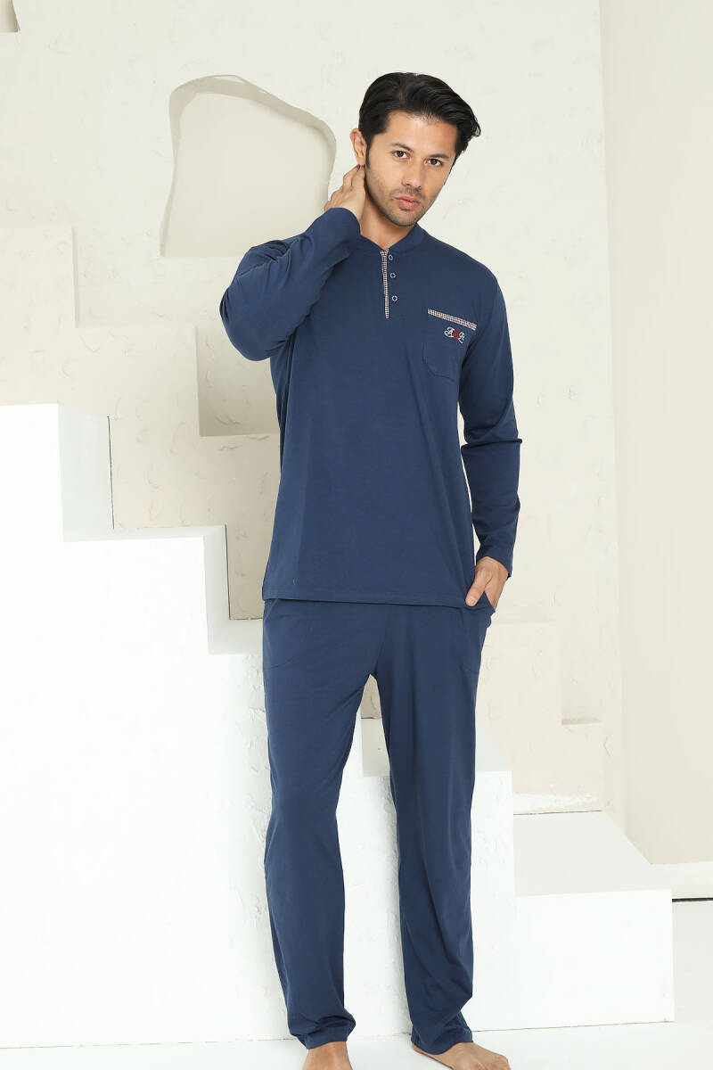 Erkek Pijama Takımı - İndigo Arma Nakışlı Likralı Uzun Kollu Penye 1194UY