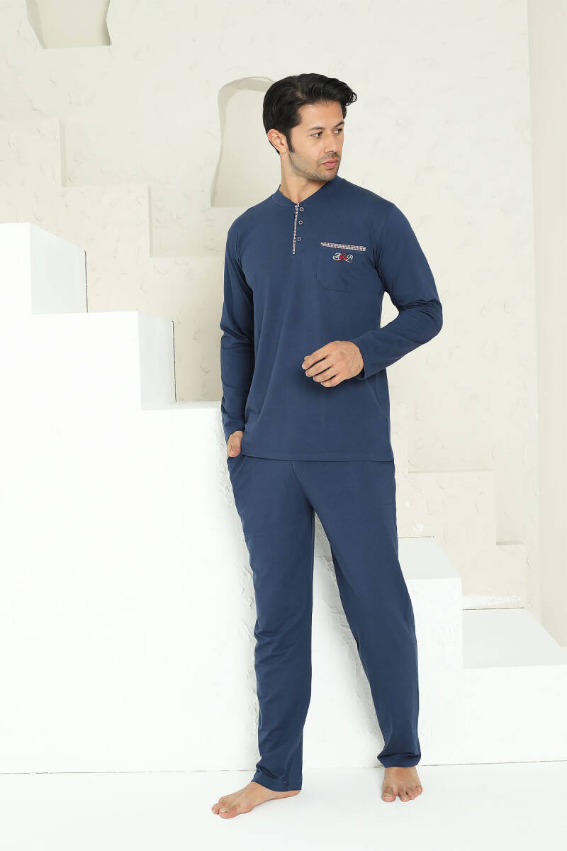 Erkek Pijama Takımı - İndigo Arma Nakışlı Likralı Uzun Kollu Penye 1194UY
