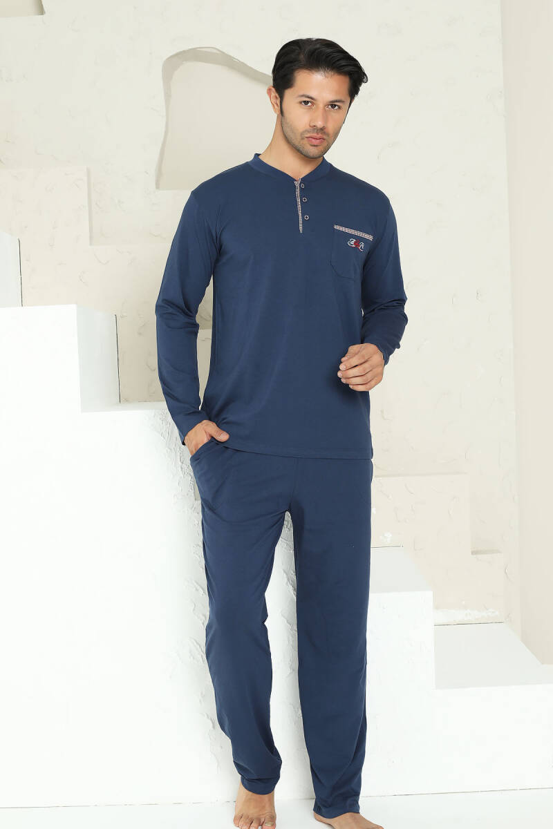 Erkek Pijama Takımı - İndigo Arma Nakışlı Likralı Uzun Kollu Penye 1194UY