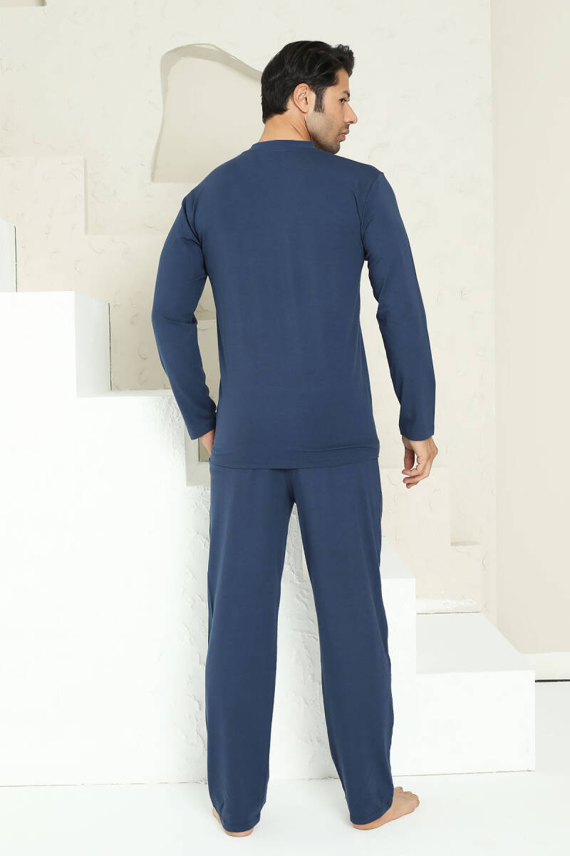 Erkek Pijama Takımı - İndigo Arma Nakışlı Likralı Uzun Kollu Penye 1194UY