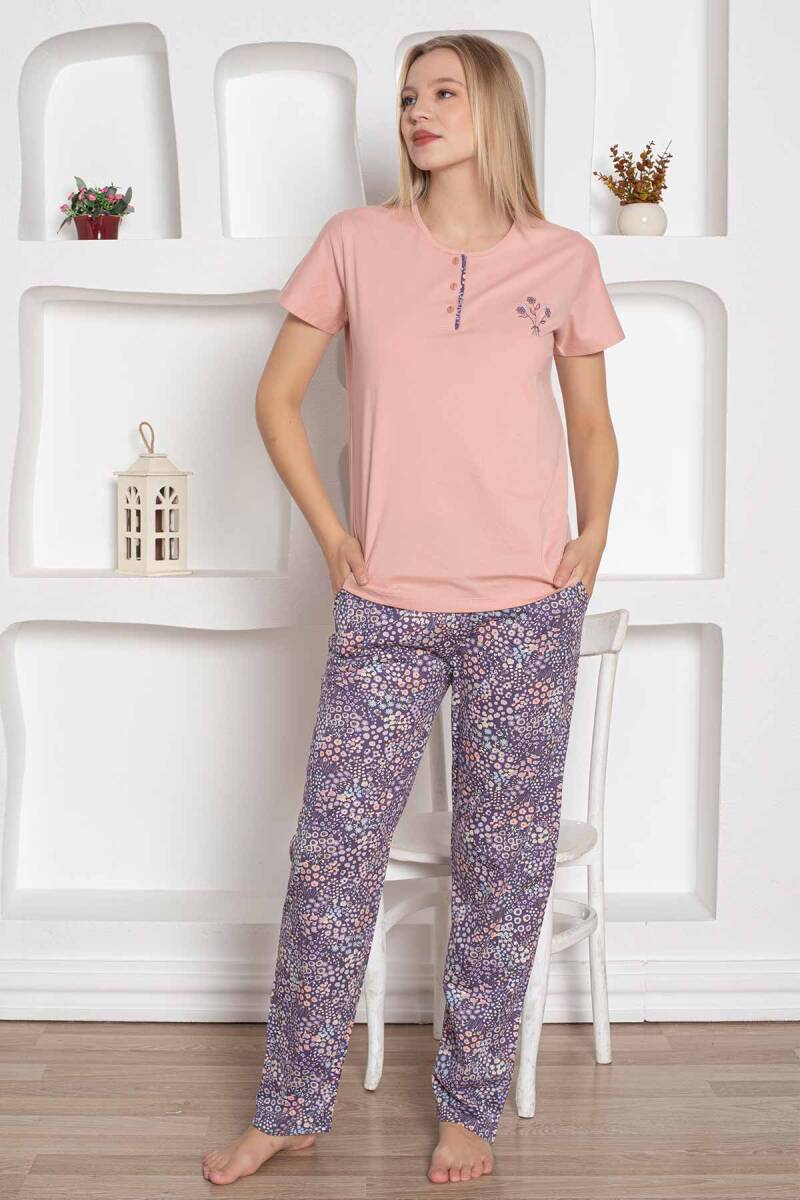 Çiçek%20Desenli%20Kadın%20Pijama%20Takımı%20-%20Pudra%20Nakışlı%20Penye%20Kısa%20Kollu%202767KY