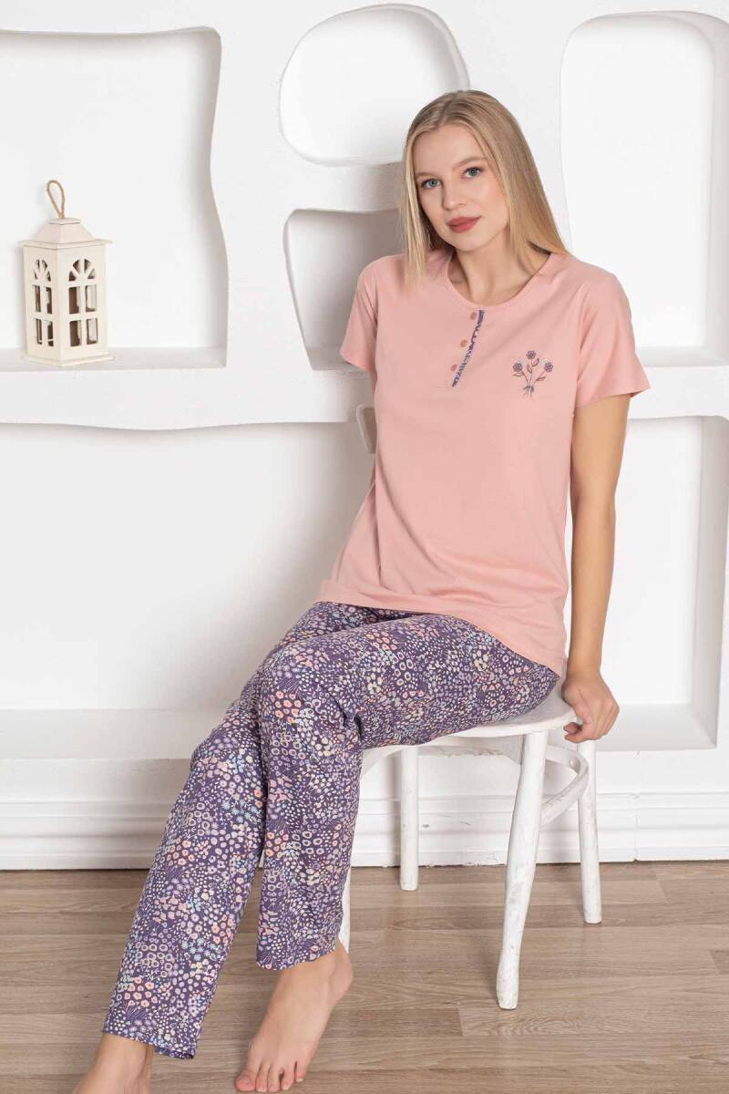 Çiçek%20Desenli%20Kadın%20Pijama%20Takımı%20-%20Pudra%20Nakışlı%20Penye%20Kısa%20Kollu%202767KY