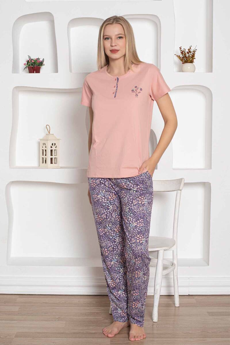 Çiçek%20Desenli%20Kadın%20Pijama%20Takımı%20-%20Pudra%20Nakışlı%20Penye%20Kısa%20Kollu%202767KY