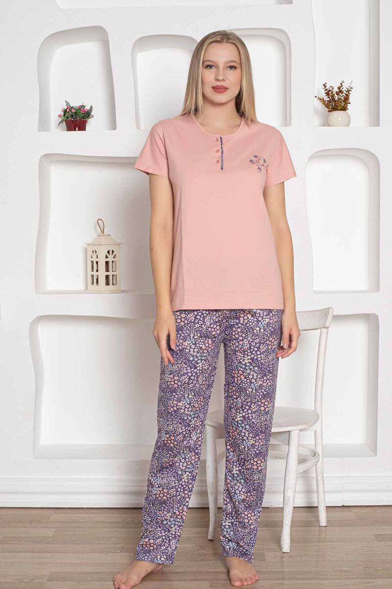 Çiçek%20Desenli%20Kadın%20Pijama%20Takımı%20-%20Pudra%20Nakışlı%20Penye%20Kısa%20Kollu%202767KY