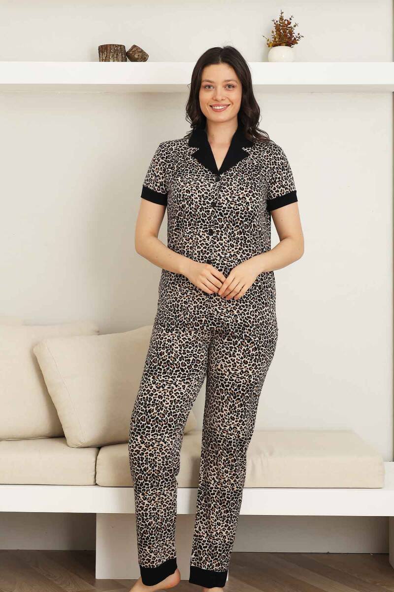 Leopar%20desenli%20Kadın%20Pijama%20Takımı%20-%20Bambu%20Likralı%20Kumaş%20%20Önden%20düğmeli%20Kısa%20Kol%202719KY
