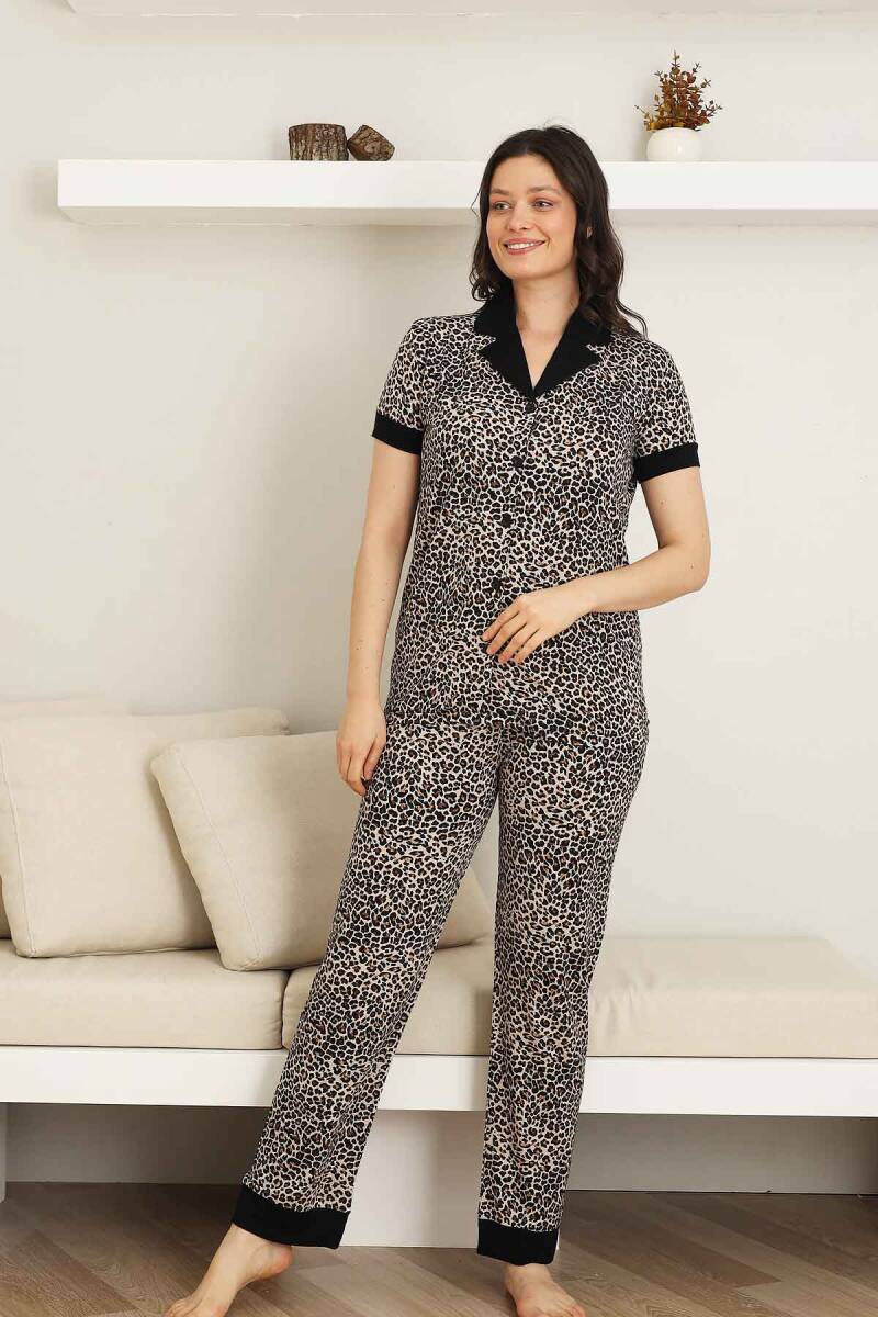 Leopar%20desenli%20Kadın%20Pijama%20Takımı%20-%20Bambu%20Likralı%20Kumaş%20%20Önden%20düğmeli%20Kısa%20Kol%202719KY