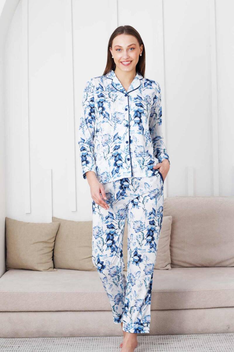 Çiçek%20Desenli%20Kadın%20Pijama%20Takımı%20-%20Boydan%20Düğmeli%20Likralı%20Viskon%20%202836UY