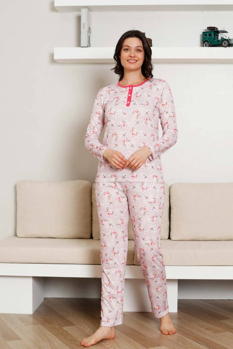 Çiçek%20Desenli%20Kadın%20Pijama%20Takımı%20-%203%20Düğmeli%20Uzun%20Kol%20Likralı%20Viskon%20%202845UY