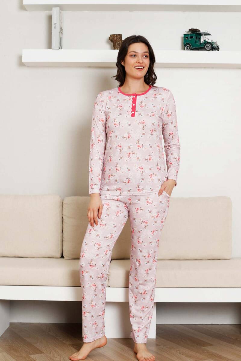 Çiçek%20Desenli%20Kadın%20Pijama%20Takımı%20-%203%20Düğmeli%20Uzun%20Kol%20Likralı%20Viskon%20%202845UY