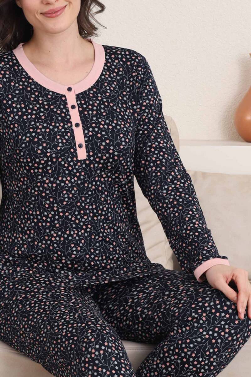 Çiçek%20Desenli%20Kadın%20Pijama%20Takımı%20-%203%20Düğmeli%20Uzun%20Kol%20Likralı%20Viskon%20%202839UY