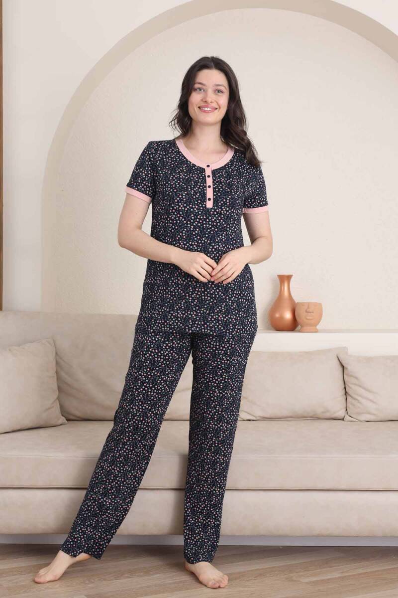 Çiçek%20Desenli%20Kadın%20Pijama%20Takımı%20-%203%20Düğmeli%20Kısa%20Kol%20Likralı%20Viskon%20%202839KY