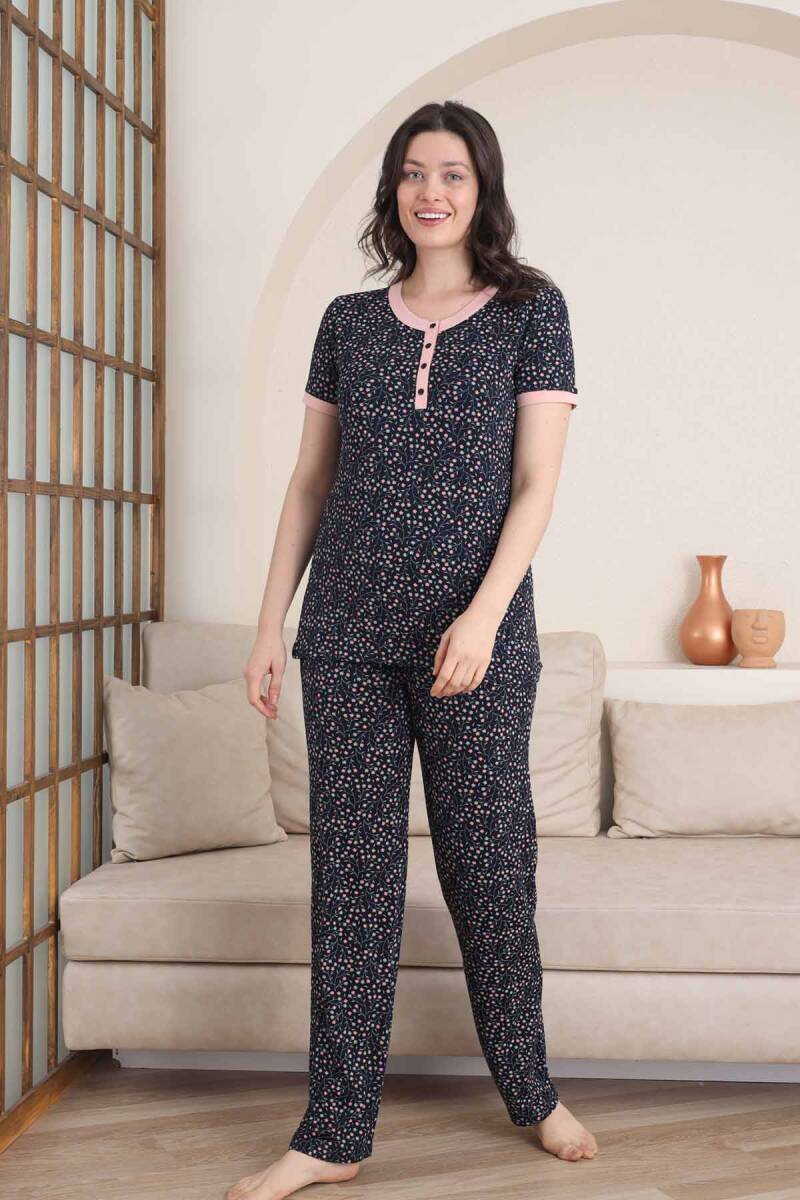 Çiçek%20Desenli%20Kadın%20Pijama%20Takımı%20-%203%20Düğmeli%20Kısa%20Kol%20Likralı%20Viskon%20%202839KY