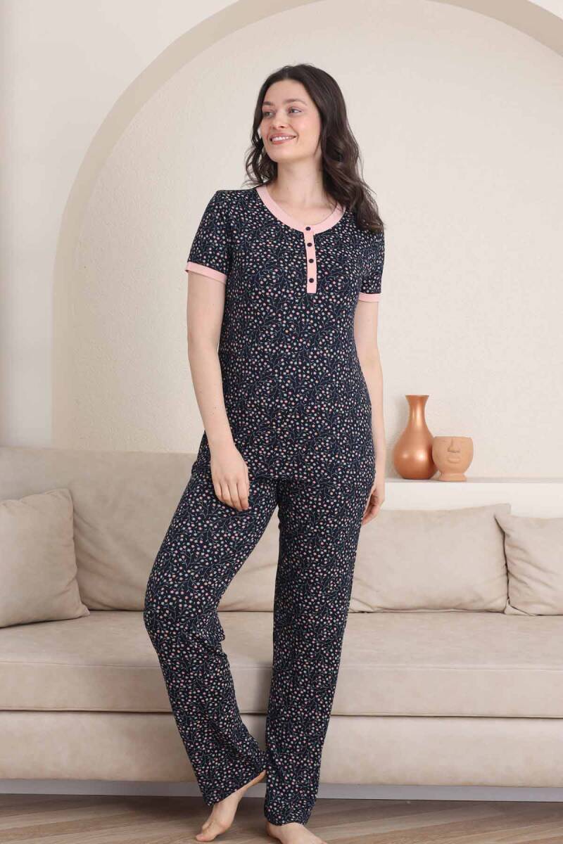 Çiçek%20Desenli%20Kadın%20Pijama%20Takımı%20-%203%20Düğmeli%20Kısa%20Kol%20Likralı%20Viskon%20%202839KY