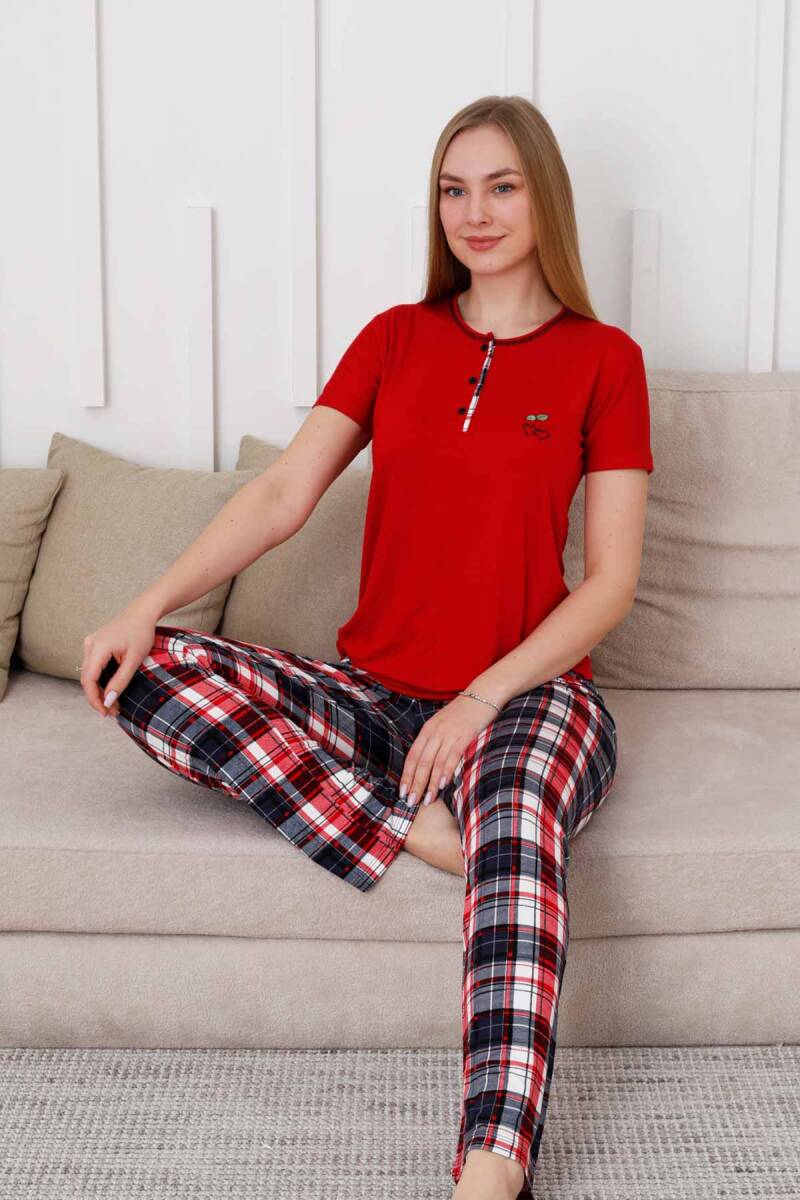Kareli%20Kadın%20Pijama%20Takımı%20-%203%20Düğme%20Kısa%20Kol%20Likralı%20Viskon%20%202848KY