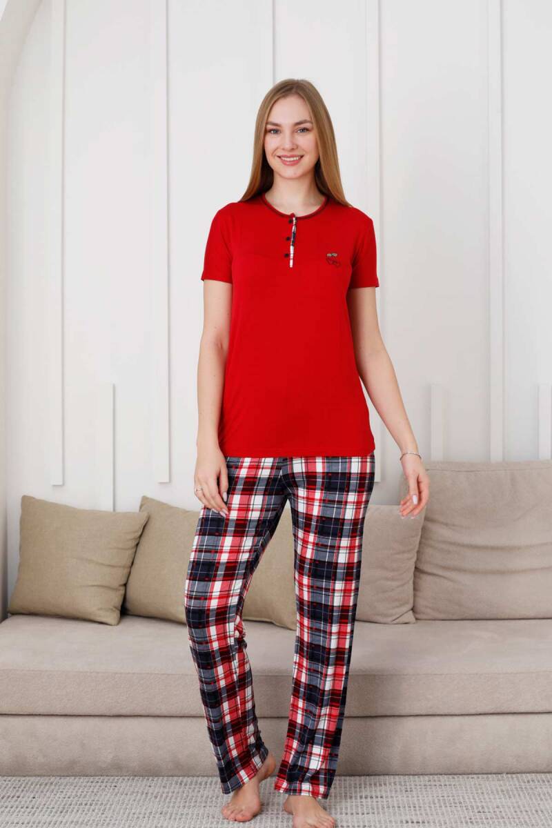 Kareli%20Kadın%20Pijama%20Takımı%20-%203%20Düğme%20Kısa%20Kol%20Likralı%20Viskon%20%202848KY
