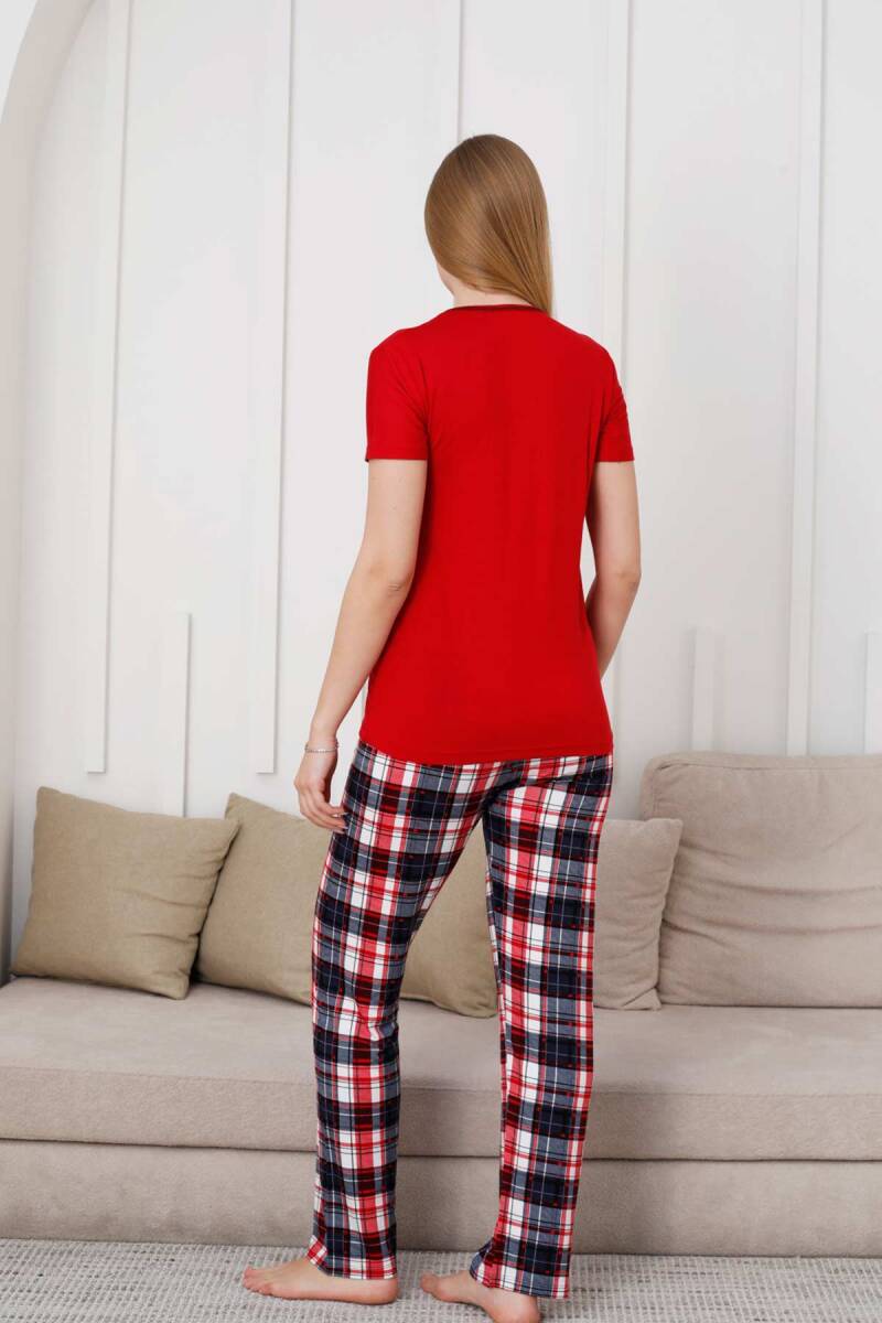 Kareli%20Kadın%20Pijama%20Takımı%20-%203%20Düğme%20Kısa%20Kol%20Likralı%20Viskon%20%202848KY