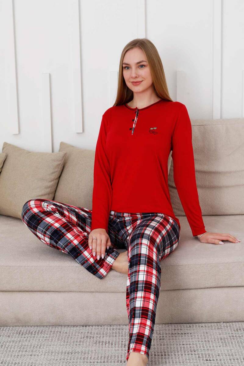 Kareli Kadın Pijama Takımı - 3 Düğme Uzun Kol Likralı Viskon  2848UY