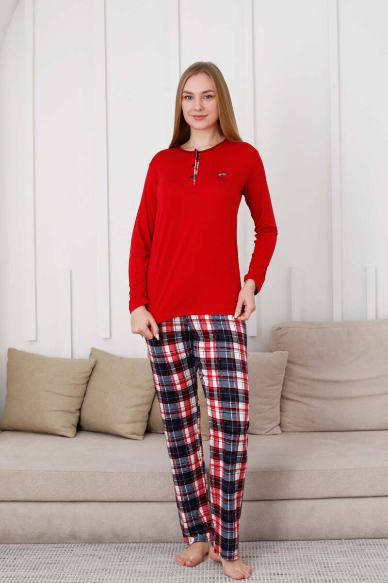 Kareli Kadın Pijama Takımı - 3 Düğme Uzun Kol Likralı Viskon  2848UY