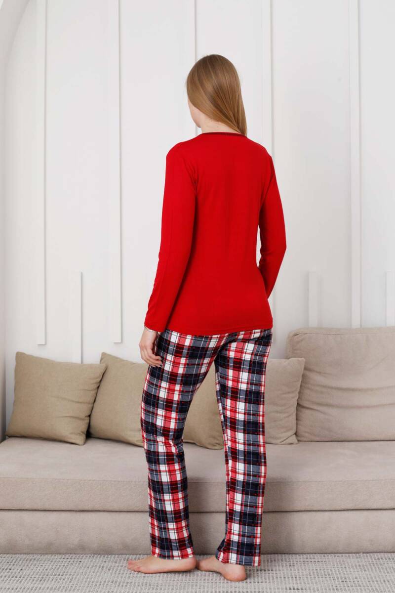 Kareli Kadın Pijama Takımı - 3 Düğme Uzun Kol Likralı Viskon  2848UY