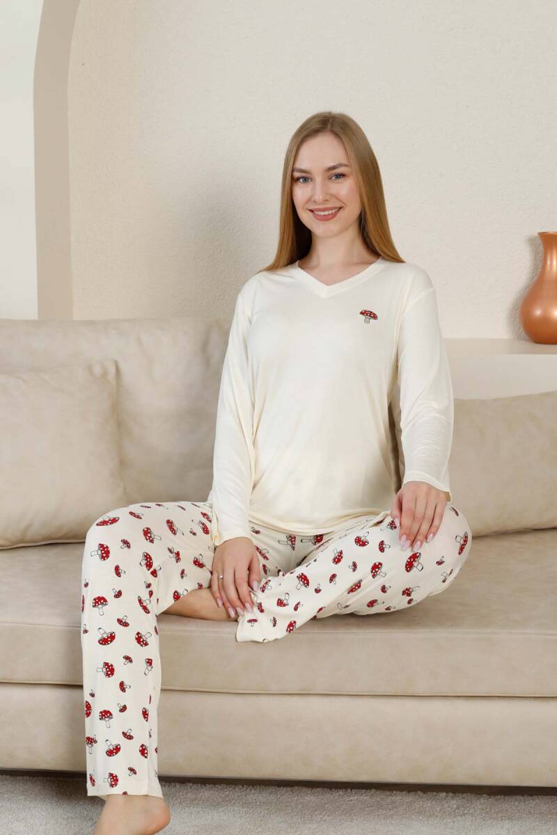 Mantar Desenli Kadın Pijama Takımı - Ekru V Yaka Likralı Viskon Uzun Kollu 2847UY