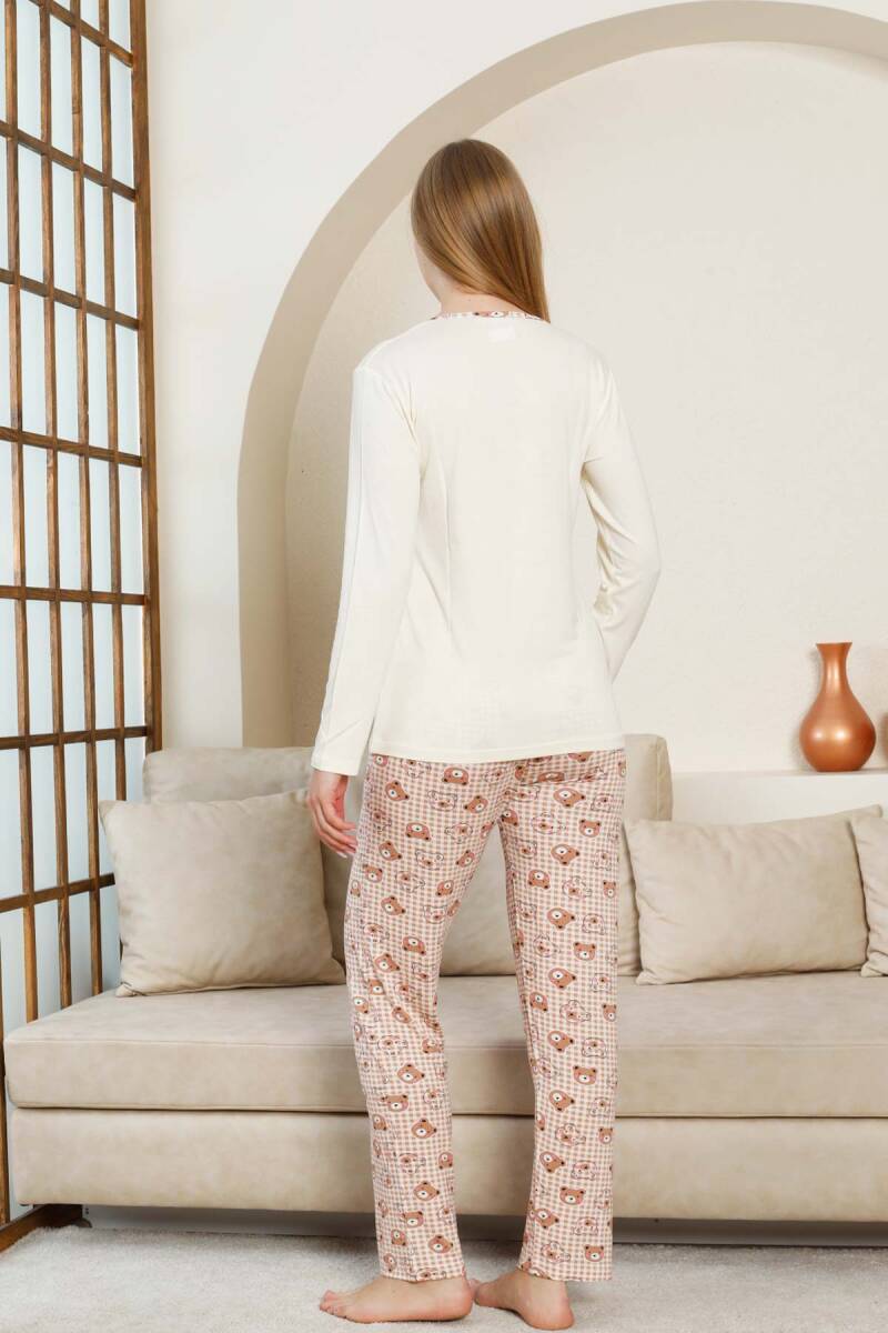 Ayıcık Desenli Kadın Pijama Takımı - Ekru Likralı Viskon Uzun Kollu 2849UY