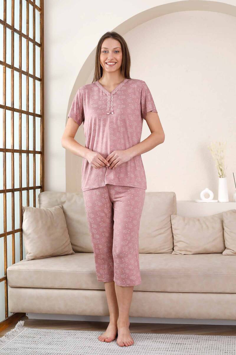 Bermuda Bayan Pijama Takımı - Gülkurusu Çiçek Desen Likralı Viskon 2851B