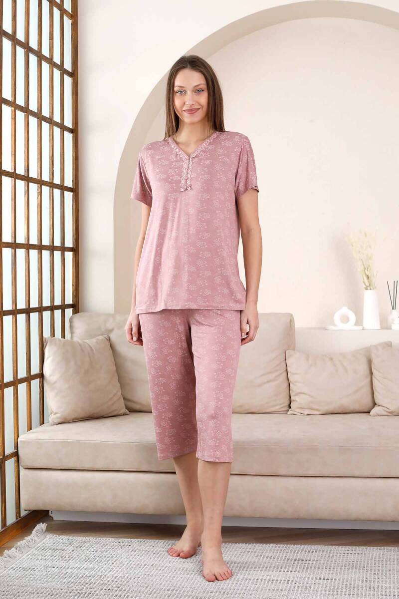 Bermuda Bayan Pijama Takımı - Gülkurusu Çiçek Desen Likralı Viskon 2851B