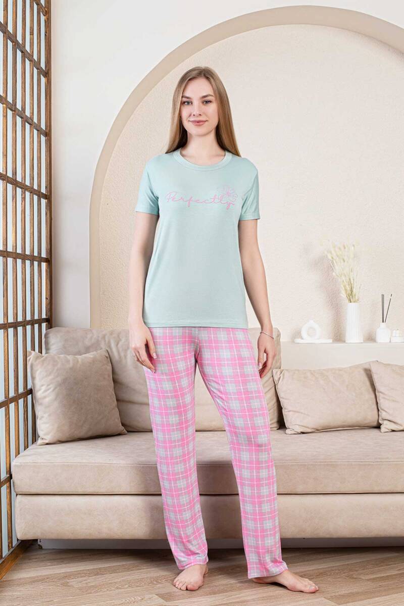 Ekoseli Kadın Pijama Takımı - Perfectly Yeşil Kısa Kollu Likralı Bambu 2856KY