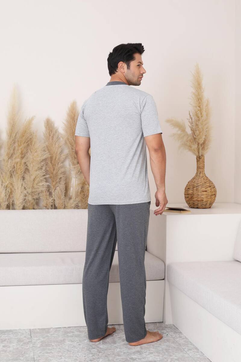Erkek Pijama Takımı - Gri Arma Nakışlı Kısa Kollu Penye 1187KY