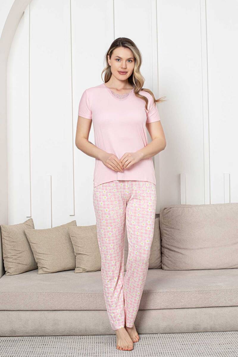 Bayan Pijama Takımı - Pembe Papatya Desen Kısa Kol Likralı Viskon 2852KY