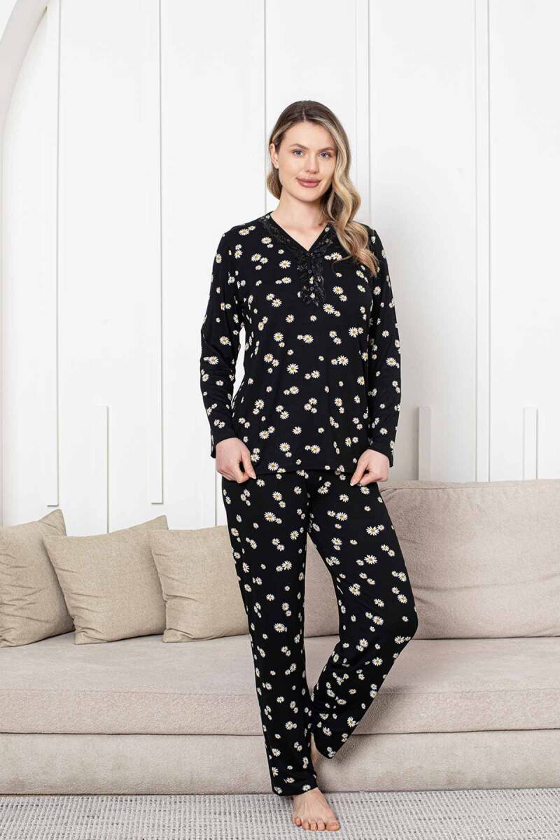 Bayan Pijama Takımı - Siyah Papatya Desen Uzun Kol Likralı Viskon 2855UY