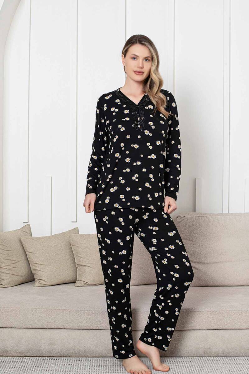 Bayan Pijama Takımı - Siyah Papatya Desen Uzun Kol Likralı Viskon 2855UY