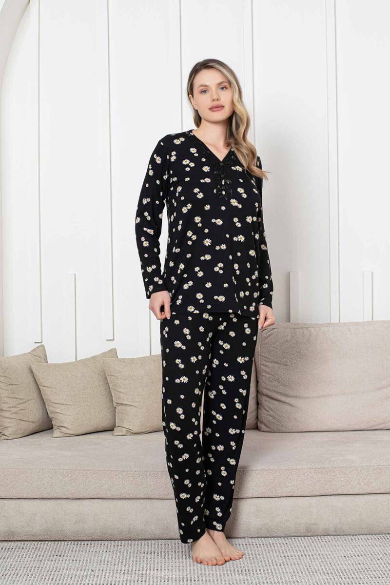 Bayan Pijama Takımı - Siyah Papatya Desen Uzun Kol Likralı Viskon 2855UY