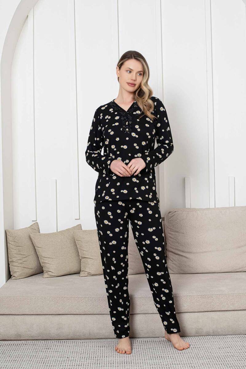 Bayan Pijama Takımı - Siyah Papatya Desen Uzun Kol Likralı Viskon 2855UY