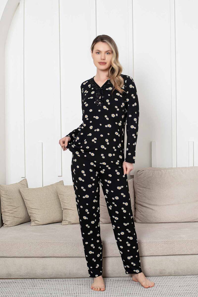 Bayan Pijama Takımı - Siyah Papatya Desen Uzun Kol Likralı Viskon 2855UY