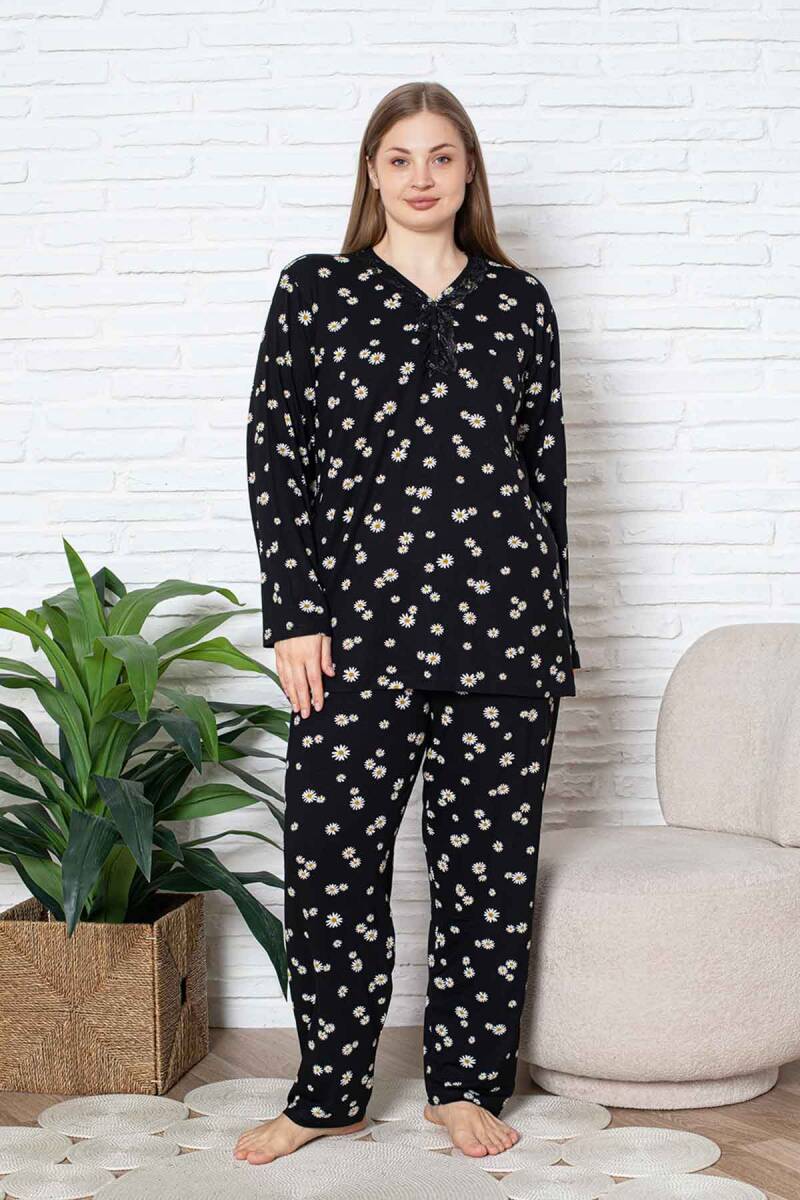 Bayan Büyük Beden Pijama Takımı - Siyah Papatya Desen Uzun Kol Likralı Viskon 2855UYB