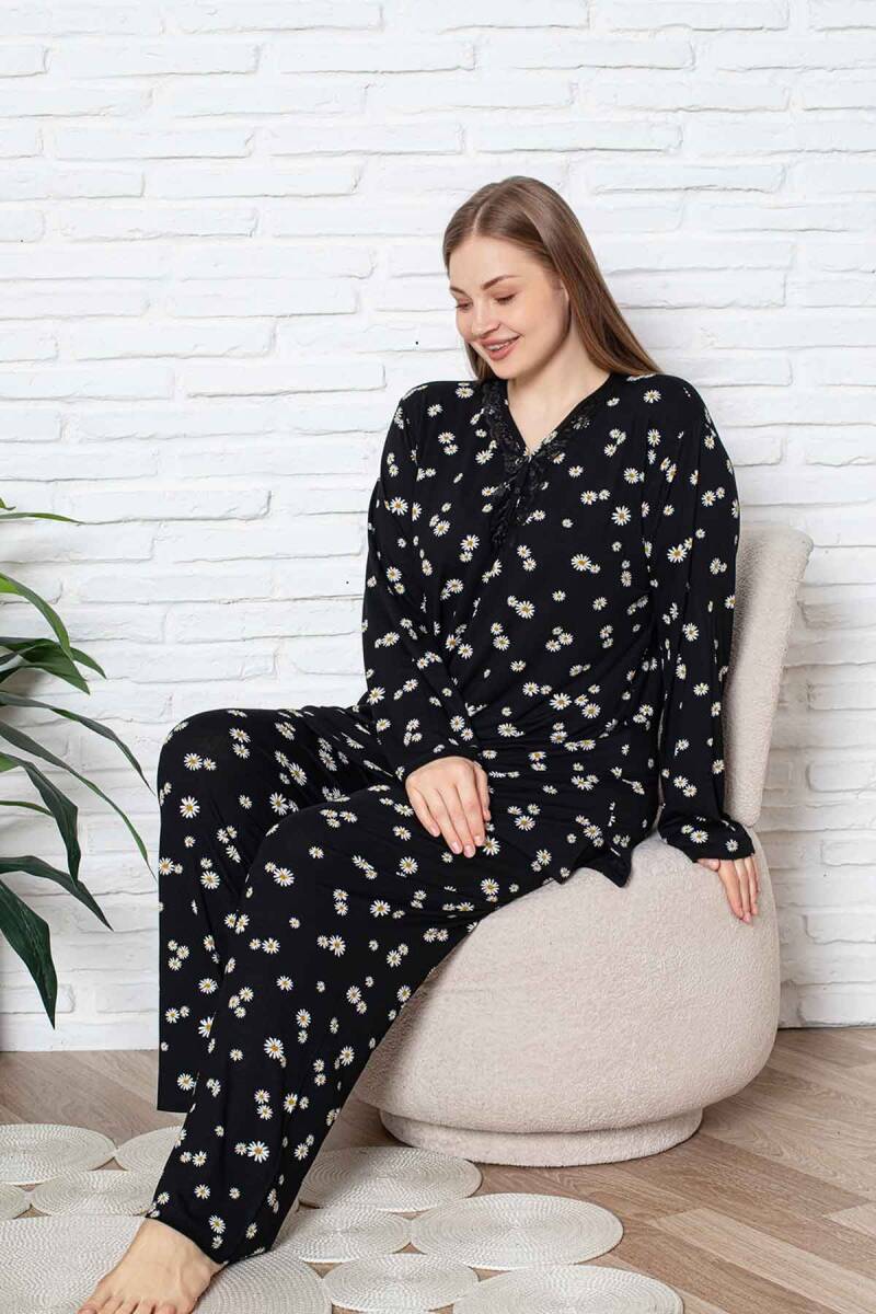 Bayan Büyük Beden Pijama Takımı - Siyah Papatya Desen Uzun Kol Likralı Viskon 2855UYB