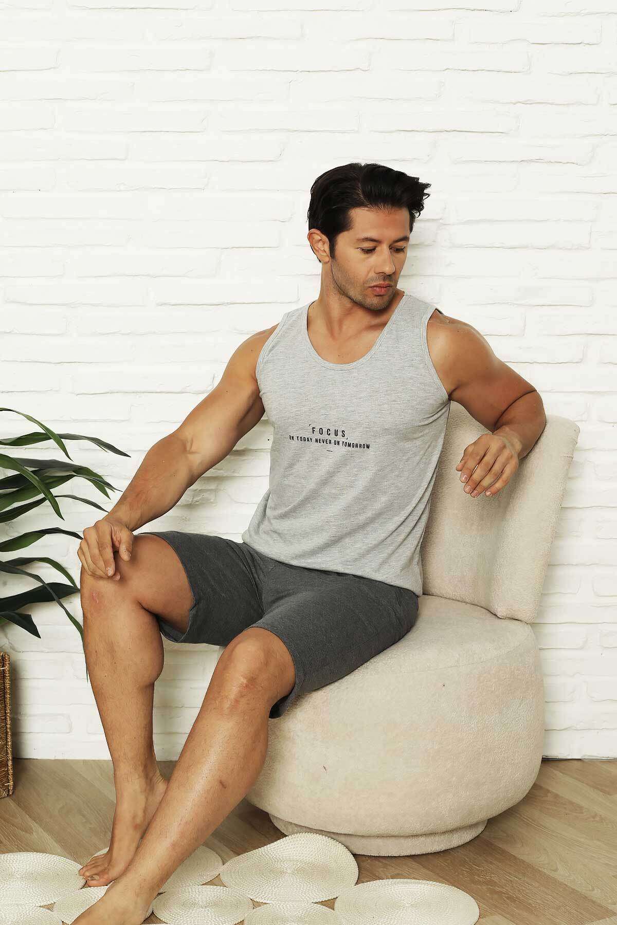 Erkek Şort Takımı - Gri Focus Baskılı Askılı Penye Takım 1070ŞT