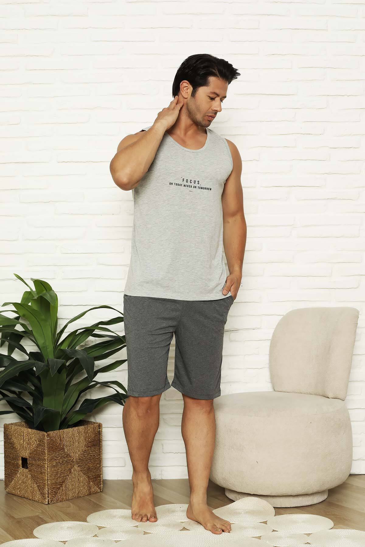 Erkek Şort Takımı - Gri Focus Baskılı Askılı Penye Takım 1070ŞT