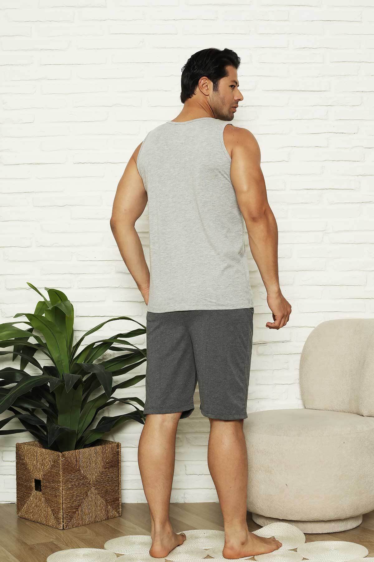 Erkek Şort Takımı - Gri Focus Baskılı Askılı Penye Takım 1070ŞT