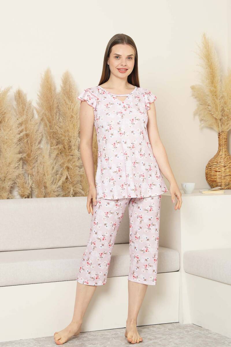 Desenli Kadın Pijama Takımı - Bahar Çiçekleri Fırfırlı kol Likralı Viskon Bermuda 2840B